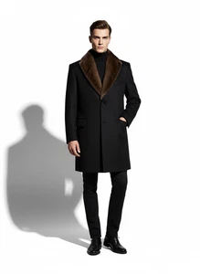 PREMIUM Cashmere Removable Genuine Mink Fur Collar Men's Luxury Black Coat - Picture 1 of 12