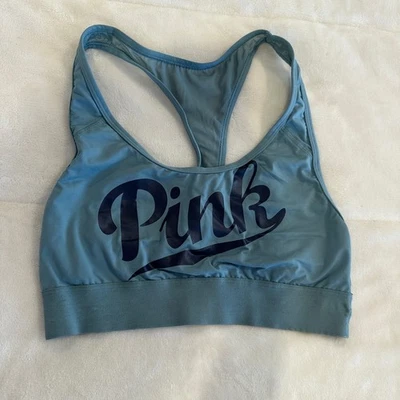 Victoria's Secret PINK Sports Bra Racerback Blue Medium Logo Athletic - Image 1 of 3