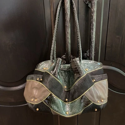 Cole Haan Goldfish Green Bucket Bag Crocodile Leather Calf Hair Gold Studs Purse - Image 1 of 4