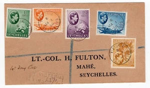 SEYCHELLES 1938 REGISTERED FDC TO MAHE FRANKED FIVE DIFFERENT KGVI DEFINS TO 25C - Picture 1 of 1