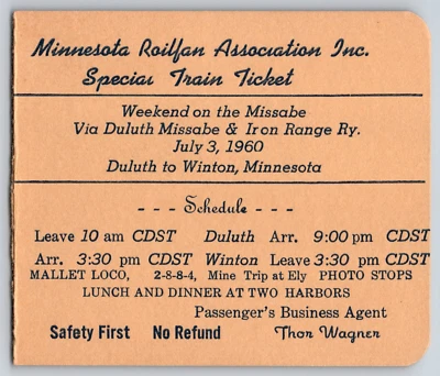 Minnesota Railfan Association Special Train Ticket 1960 Duluth Bloomquist* - Image 1 of 2