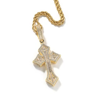 Collana catena ciondolo croce gioielli hip hop ghiacciata 5a+ zirconi placcata oro 18 carati - Foto 1 di 15