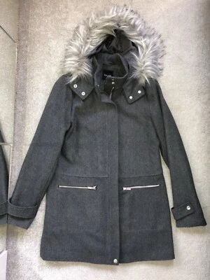 Grey Faux Fur Trim Hooded Wool Coat - NEW LOOK  Size 8 - Image 1 of 3
