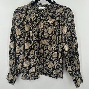 Sundays by Wearesundays  Black Floral Henley Long Sleeve Blouse Sz Small - Picture 1 of 6