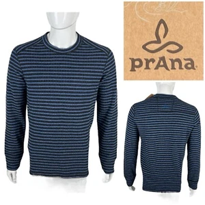 Prana Mens Medium Sweater Owen Pure Blue Stripe Crew Wool Blend Outdoor NWT - Picture 1 of 13