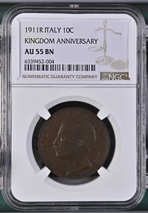 1911R ITALY 10 CENTESIMI KINGDOM ANNIVERSARY - NGC AU 55 BN - Picture 1 of 4