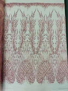 Feather Pattern Fabric - Pink - Embroidered Beads Heart Design Mesh Yard - Picture 1 of 5