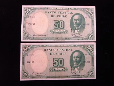Chile 5 Centesimos Overprint on 50 Pesos ND 1959-1964 Pair Unc P126 h6257 Money - Image 1 of 2