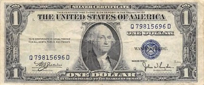 USA  $1  Silver Certificate  Series of 1935 C  Block Q-D  Circulated Banknote ZA - Image 1 of 2