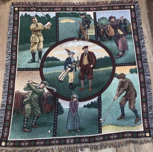 Vintage Golfers Woven Tapestry Throw Blanket 56" X 51" By American Weavers - Picture 1 of 12
