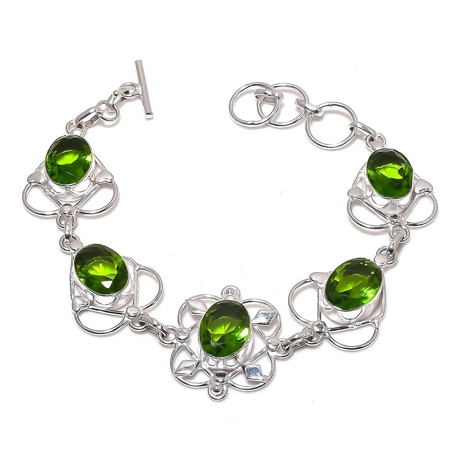 Green Peridot Gemstone Handmade 925 Sterling silver Jewelry Bracelet Size 7-8" - Image 1 of 1