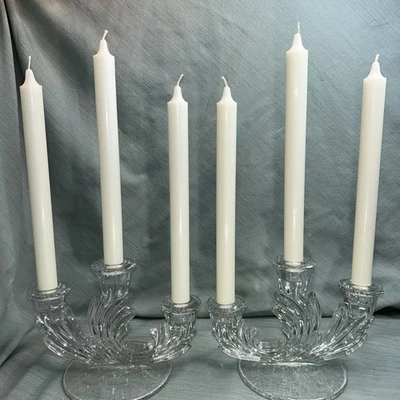 Fostoria Meadow Glass 3 Light Etched Candle Stick Holder Baroque Candelabra Pair - Image 1 of 4