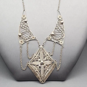 VTG 900 Silver Filigree Statement Necklace 15" Hook Closure 18.43g - Picture 1 of 13
