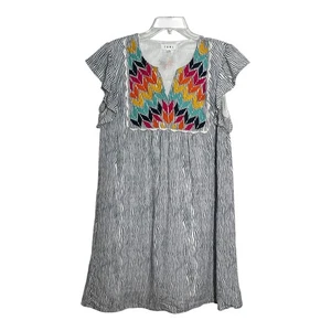 THML XL Kleid gestreift bestickt bunt V-Ausschnitt Kurzarm Rüschen Freizeit - Bild 1 von 8