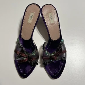 Vintage Y2K Prada Purple Velour Beaded Bow Open Toe Kitten Heels AS IS - READ - Picture 1 of 11
