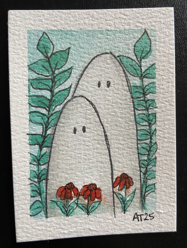 Ghosts with Floral ACEO Original Watercolor and Ink Art Card - Image 1 of 1