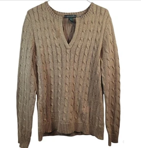 Suéter Pullover Ralph Lauren Metálico Dorado Tejido con Cable Cuello en V Talla Grande L Usado en Excelente Condición - Imagen 1 de 5