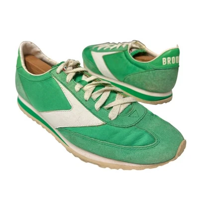 Vtg 80's Brooks Bright GREEN SUEDE Sneakers White Leather Tennis Shoes WAFFLE 10 - Image 1 of 4