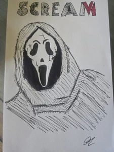 SCREAM GHOST FACE DRAWING PRINT SKETCH 8" x 5" HORROR MOVIE SCREAM WALL ART - Picture 1 of 3