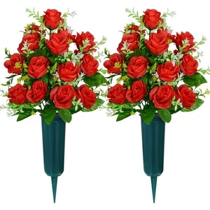 Flores artificiales de cementerio con florero, lápida flores ramo de rosas, cementerio... - Imagen 1 de 7