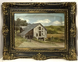 Vintage Litho Art Print Stone Bank Barn on Farm Framed Print MCM Plastic Frame - Picture 1 of 10
