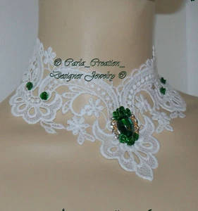 Collier /Dentelle De Venise /Cabochon Facettes Vert/Bijoux Fait Mains - Bild 1 von 2