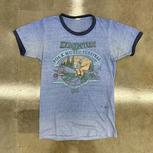 Vintage 1980er Edmonton Folk Music Festival T-Shirt Ringer blau distressed Small - Bild 1 von 5