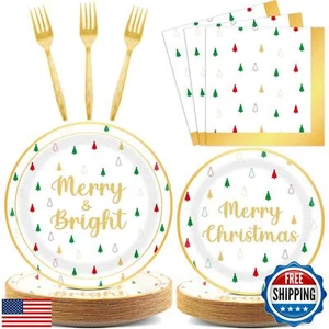 100 Pcs Christmas Paper Plates Napkins Party Supplies Merry Christmas and Tre - Picture 1 of 5
