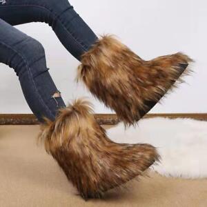 Women Winter Snow Faux Fur Eskimo Hair Fluffy Ankle Boots Warm Mid Calf Shoes