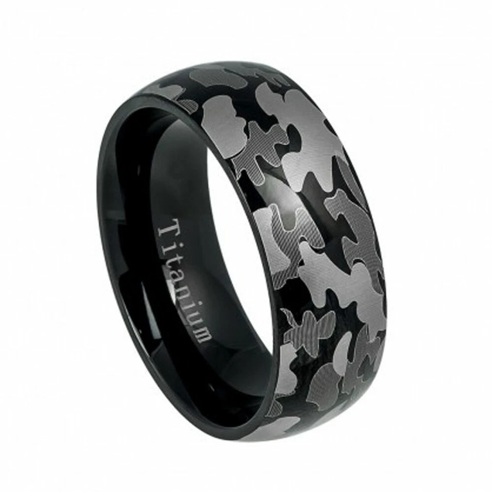 Custom Engraving - 8mm Titanium Camo Military Gray Army Design Wedding Band Ring - Image 1 of 4