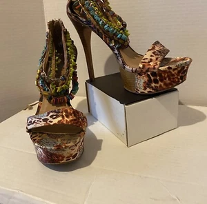 Bebe Animal Print Platform Sandals With Multi Stone And Shell Size7 #900 - Picture 1 of 10