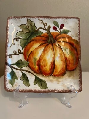 Maxcera Fall PUMPKIN Square 8.5” Ceramic Salad Sandwich Plate Set 4- NEW - Image 1 of 4