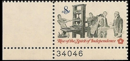 US 1476 Spirit of Independence Printer 8c plate single LL 34046 MNH 1973 - Image 1 of 1