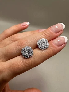 Aretes con halo de diamantes cultivados en laboratorio de 1,44 quilates de oro blanco de 9 quilates LGSL28 - Imagen 1 de 21