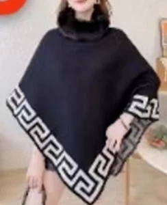 Ladies Pull Through Poncho With Fur Collar - Picture 1 of 4