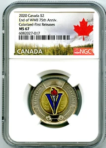2020 $2 CANADA NGC MS67 COLOR TOONIE V75 VE-DAY TWO DOLLAR FIRST RELEASE TOP POP - Picture 1 of 2