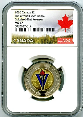 2020 $2 CANADA NGC MS67 COLOR TOONIE V75 VE-DAY TWO DOLLAR FIRST RELEASE TOP POP - Image 1 of 2