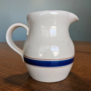 Vintage Crock Pottery Pitcher Cream w/ Thick Blue Stripe and Red Lines, Taiwan - Picture 1 of 8