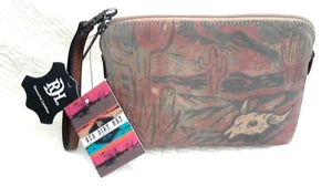 Red Dirt Hat Co Gen Leather Wristlt 8" x 6" Desert Motif Lined IPockt NWT - Picture 1 of 3
