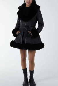 Neu Damen Pelz getrimmt GÜRTEL LEDER SKATER ROCK MANTEL Winterjacke neu mit Etikett - Bild 1 von 11