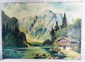 Vintage Landscape Painting Mountains Water Cabin Acrylic on Board - Picture 1 of 10
