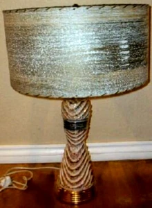 Hollywood Regency Retro Atomic Lamp Fiber Shade Laced 1950s Pink Black Ceramic - Picture 1 of 8