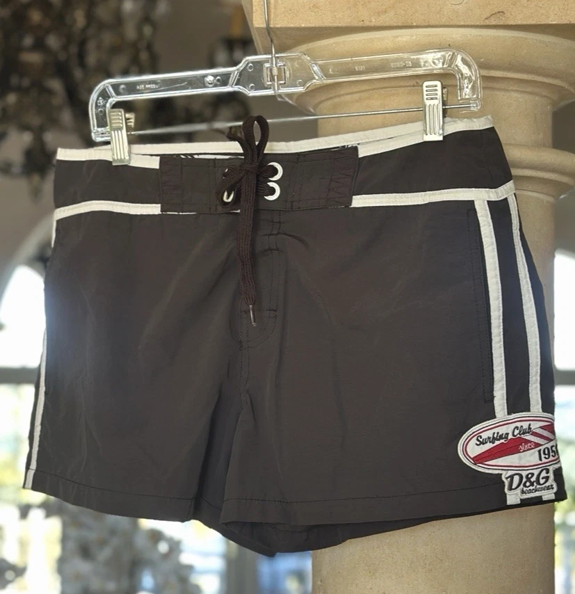 Dolce and Gabbana Brown & White Trim Swim Trunks Bathing Suit, Men's Small, Mint - Image 1 of 4