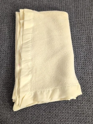 Vintage Yellow Thermal Waffle Weave Satin Nylon Trim Baby Blanket 38"x45" - Image 1 of 4