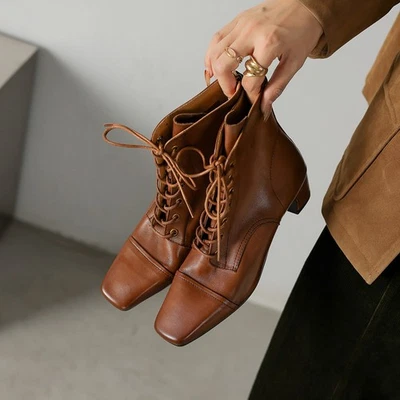 Mujeres Punta Cuadrada Cuero Real Con Cordones Tacón Medio Bloque Botines Retro Damas Talla Foto 1 de 4