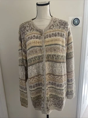 Talbots Irish Linen Blend Fair Isle Button Up Cardigan Women Size XL GrannyCore - Image 1 of 3