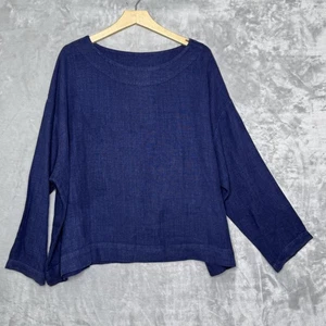 Bryn Walker Top Womens Large Blue 100% Linen Boxy Pullover Long Sleeve Made USA - Picture 1 of 14