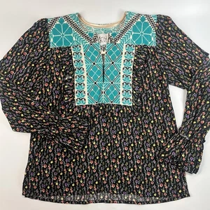 Boho besticktes Top Blumen Bauern Rüschen Größe M Made in Mexico - Bild 1 von 9