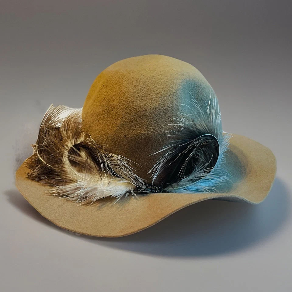 手工制作 Eddie Ruth Brooks 棕褐色毛毡羽毛帽宽边复古风格 M/L — 第 1/4 张图片