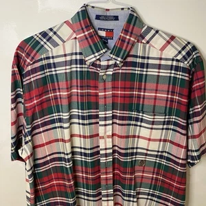 Tommy Hilfiger Herren Kurzarm Rot/Grün Freizeit Button Down Hemd - Größe M - Bild 1 von 5